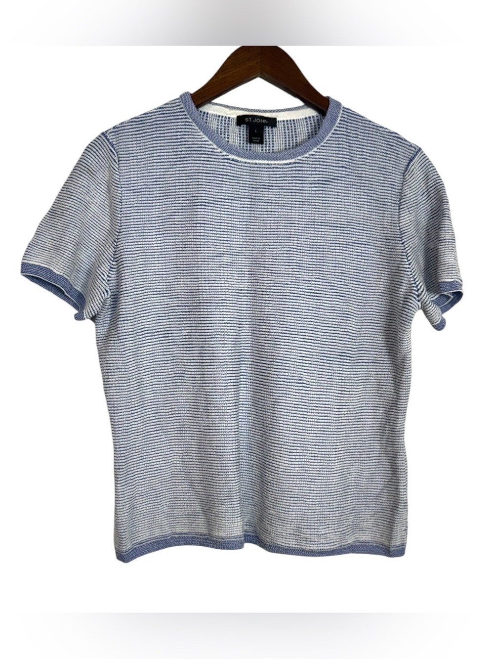 ST JOHN Blue & White Knit Short Sleeve Crew Neck Shirt Top Large - Picture 1 of 7